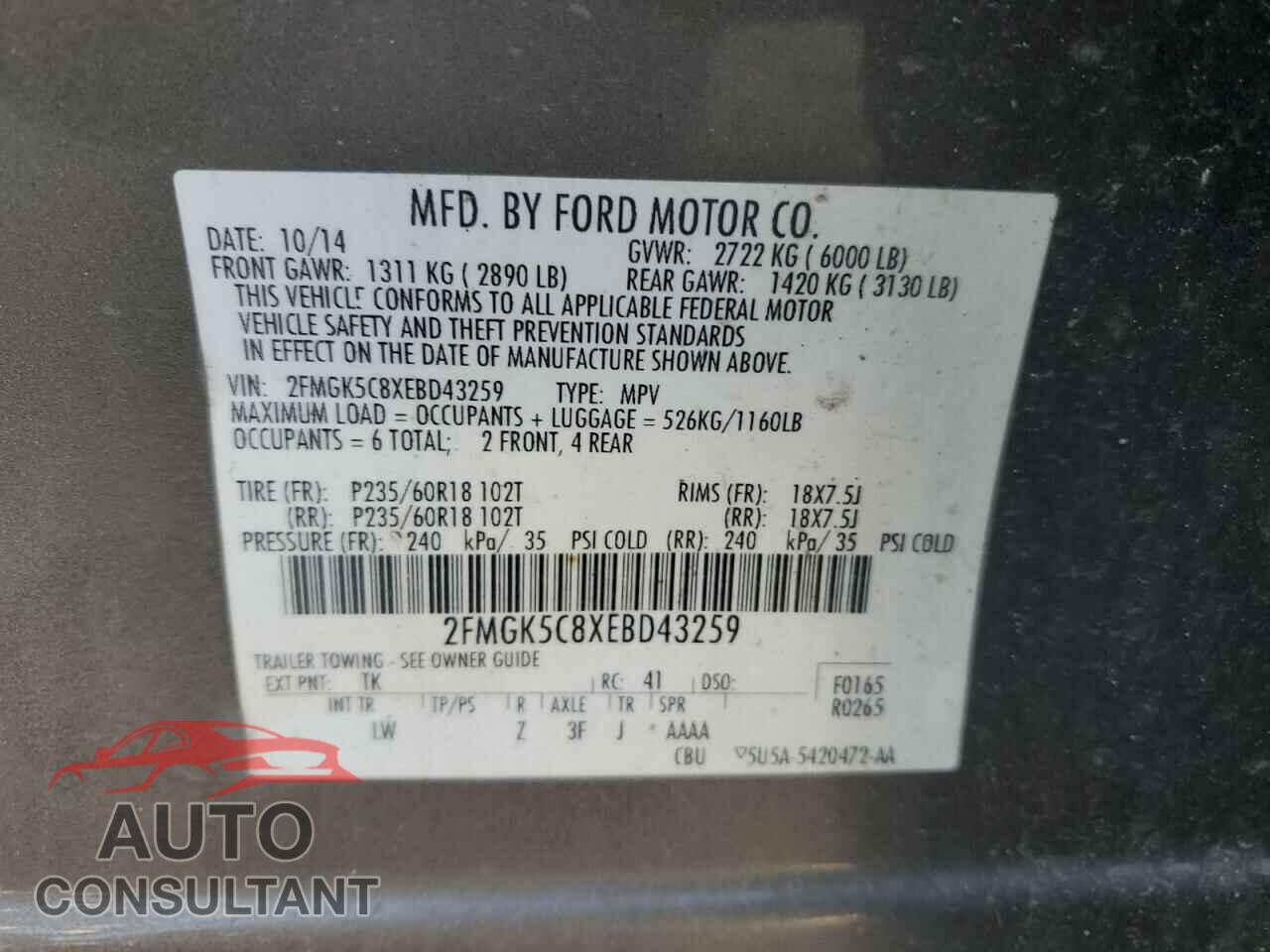 FORD FLEX 2014 - 2FMGK5C8XEBD43259