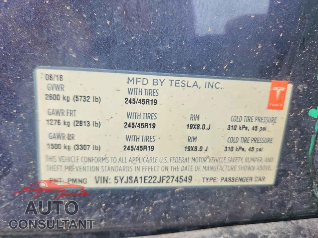 TESLA MODEL S 2018 - 5YJSA1E22JF274549