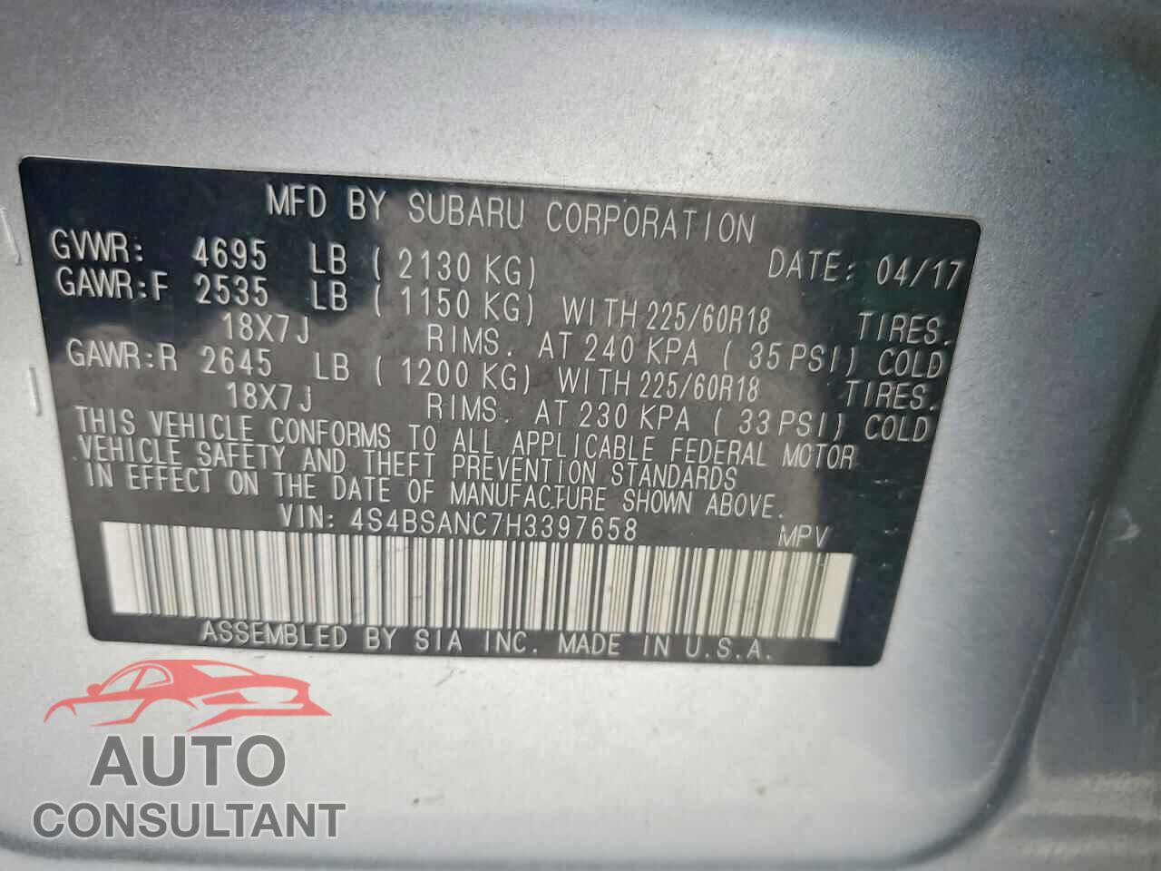 SUBARU OUTBACK 2017 - 4S4BSANC7H3397658