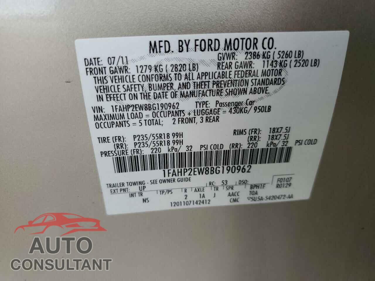 FORD TAURUS 2011 - 1FAHP2EW8BG190962