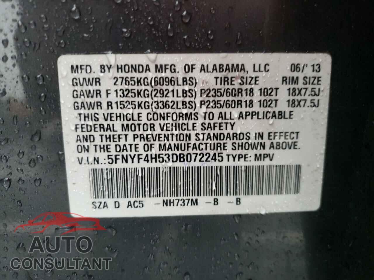 HONDA PILOT 2013 - 5FNYF4H53DB072245