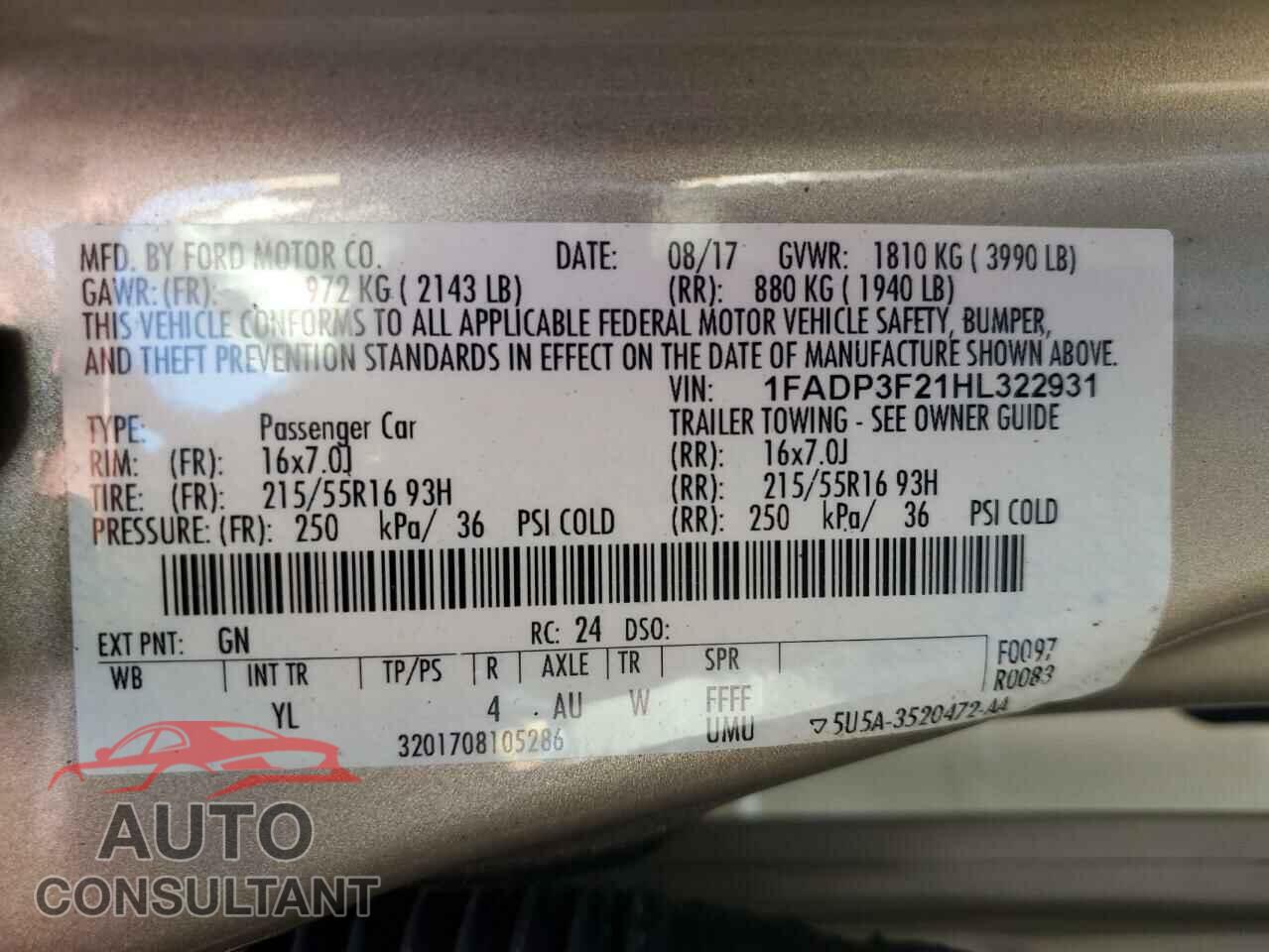 FORD FOCUS 2017 - 1FADP3F21HL322931