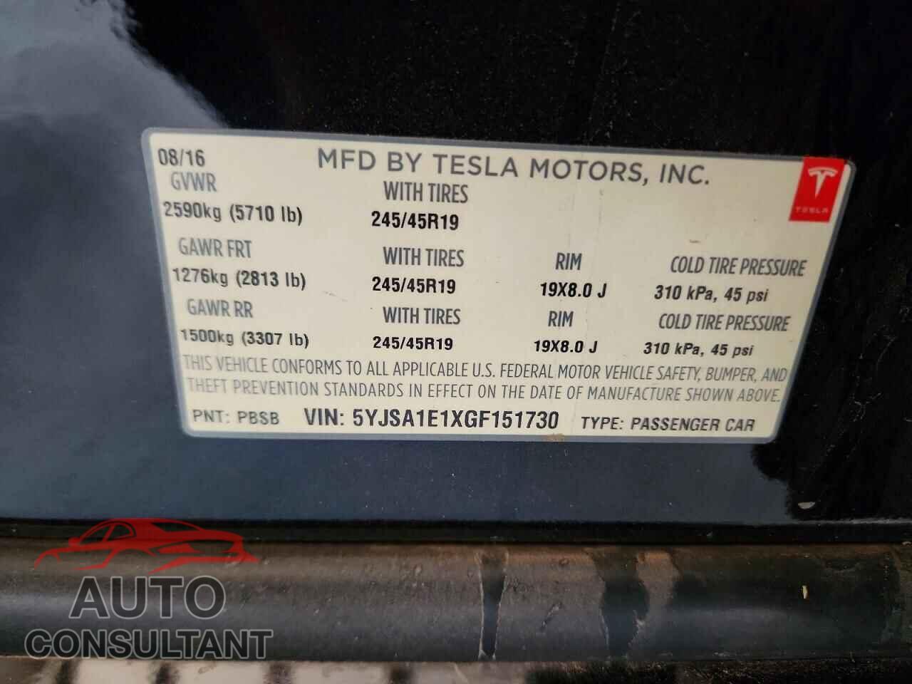TESLA MODEL S 2016 - 5YJSA1E1XGF151730