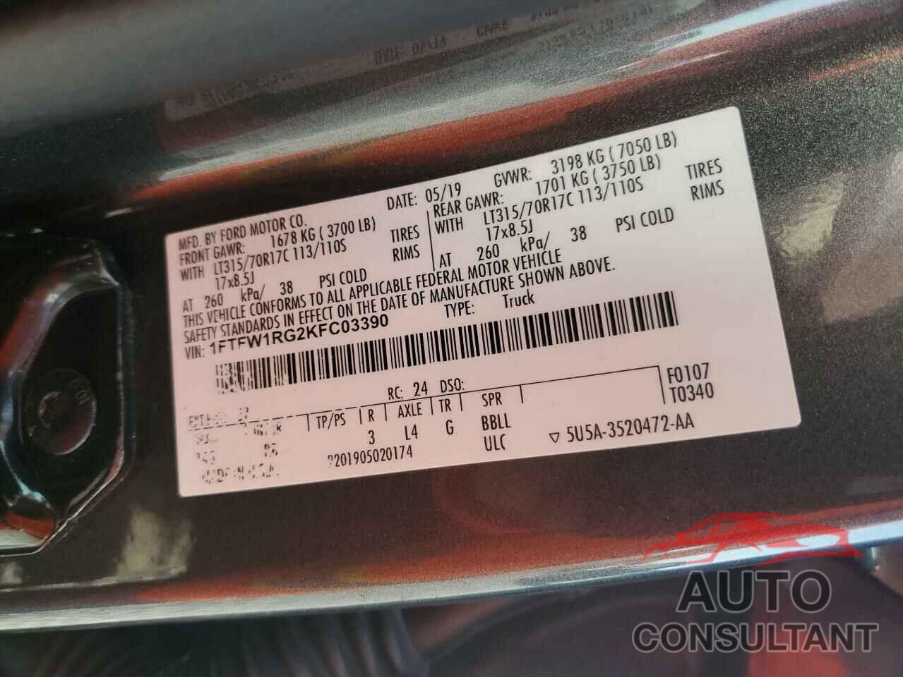 FORD F150 2019 - 1FTFW1RG2KFC03390