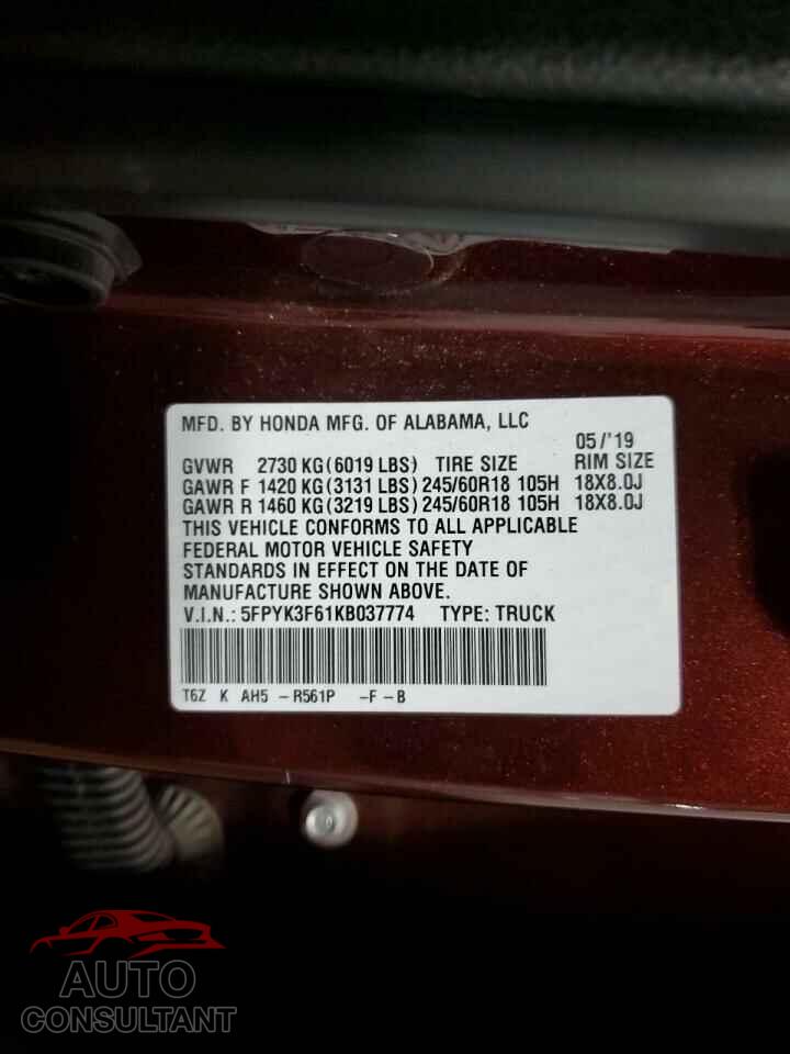 HONDA RIDGELINE 2019 - 5FPYK3F61KB037774