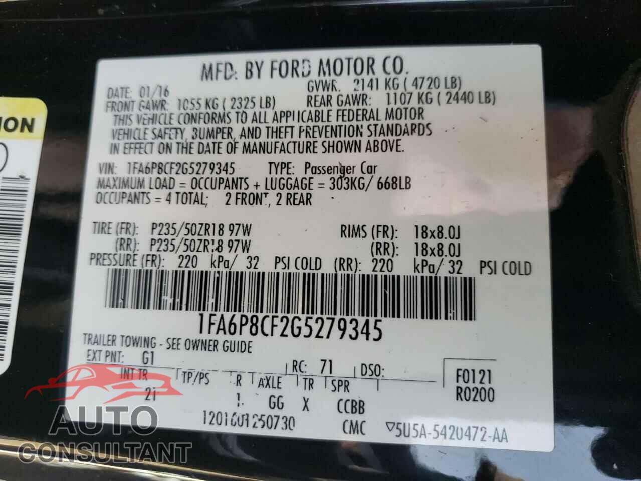 FORD MUSTANG 2016 - 1FA6P8CF2G5279345