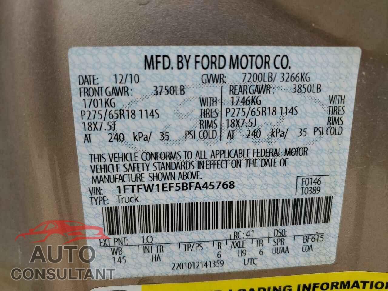 FORD F-150 2011 - 1FTFW1EF5BFA45768