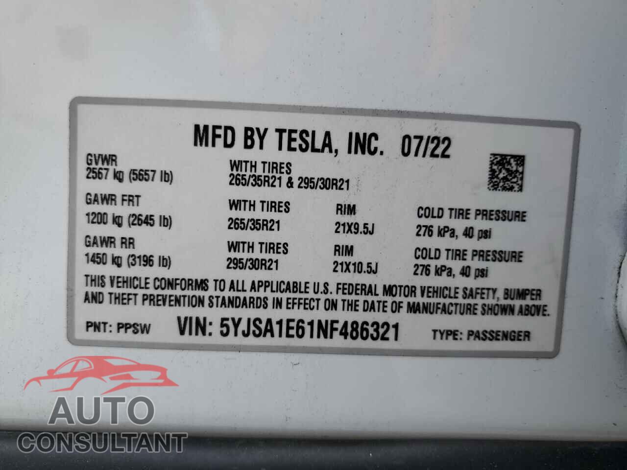 TESLA MODEL S 2022 - 5YJSA1E61NF486321