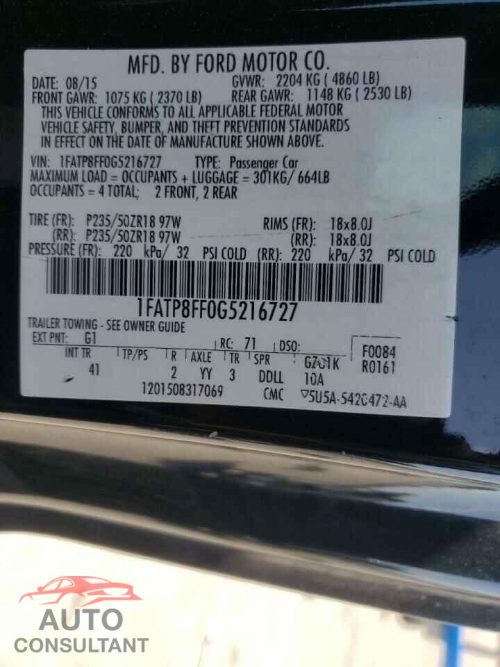 FORD MUSTANG 2016 - 1FATP8FF0G5216727