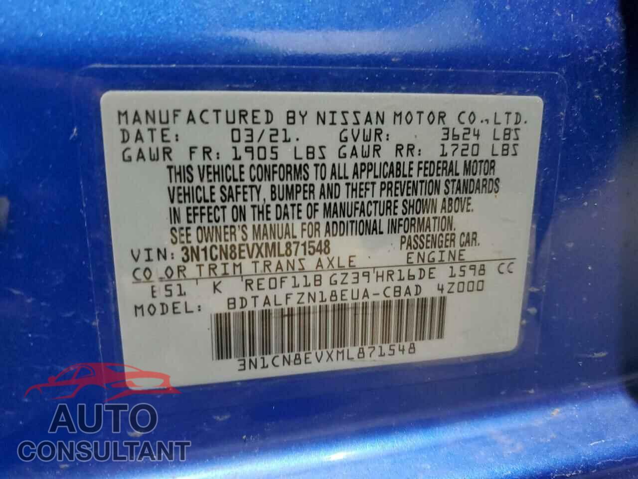 NISSAN VERSA 2021 - 3N1CN8EVXML871548