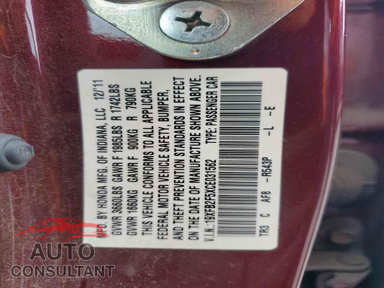 HONDA CIVIC 2012 - 19XFB2F5XCE031562