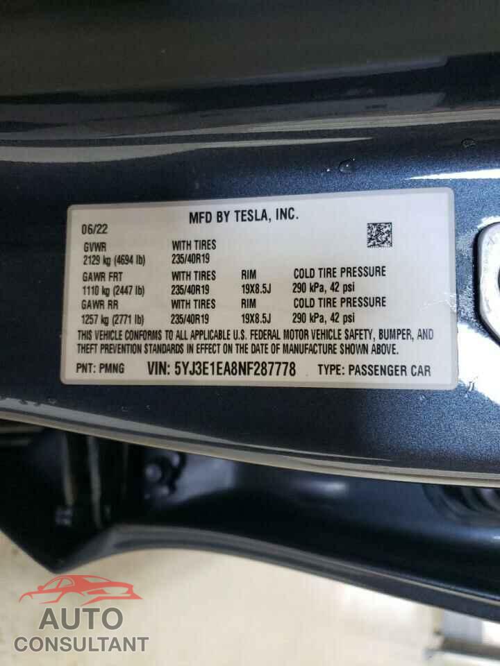 TESLA MODEL 3 2022 - 5YJ3E1EA8NF287778