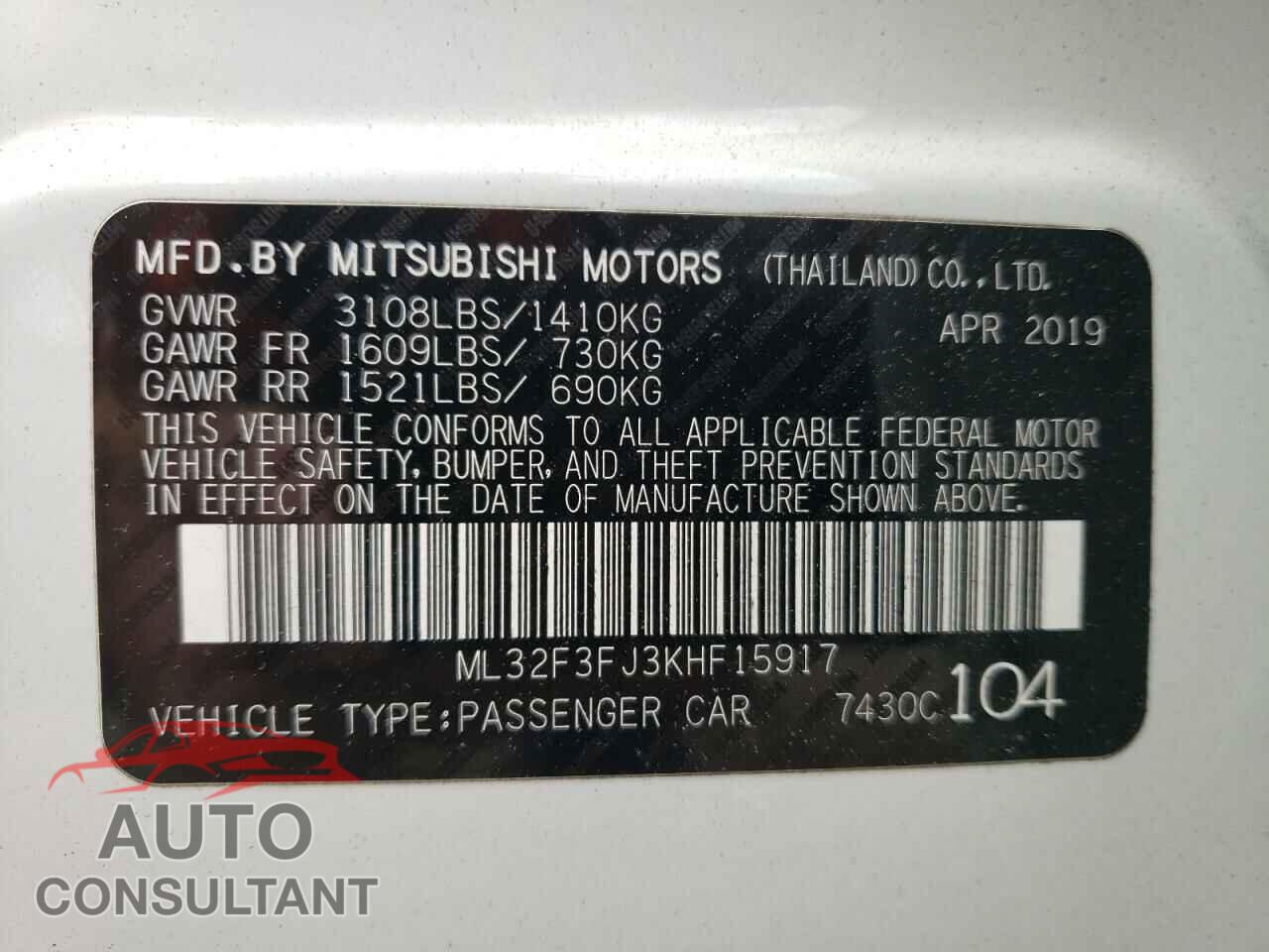 MITSUBISHI MIRAGE 2019 - ML32F3FJ3KHF15917