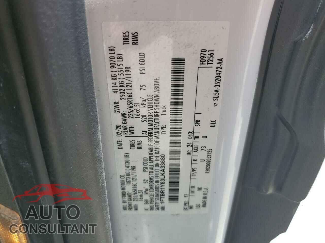 FORD TRANSIT 2020 - 1FTBR1Y83LKA33680