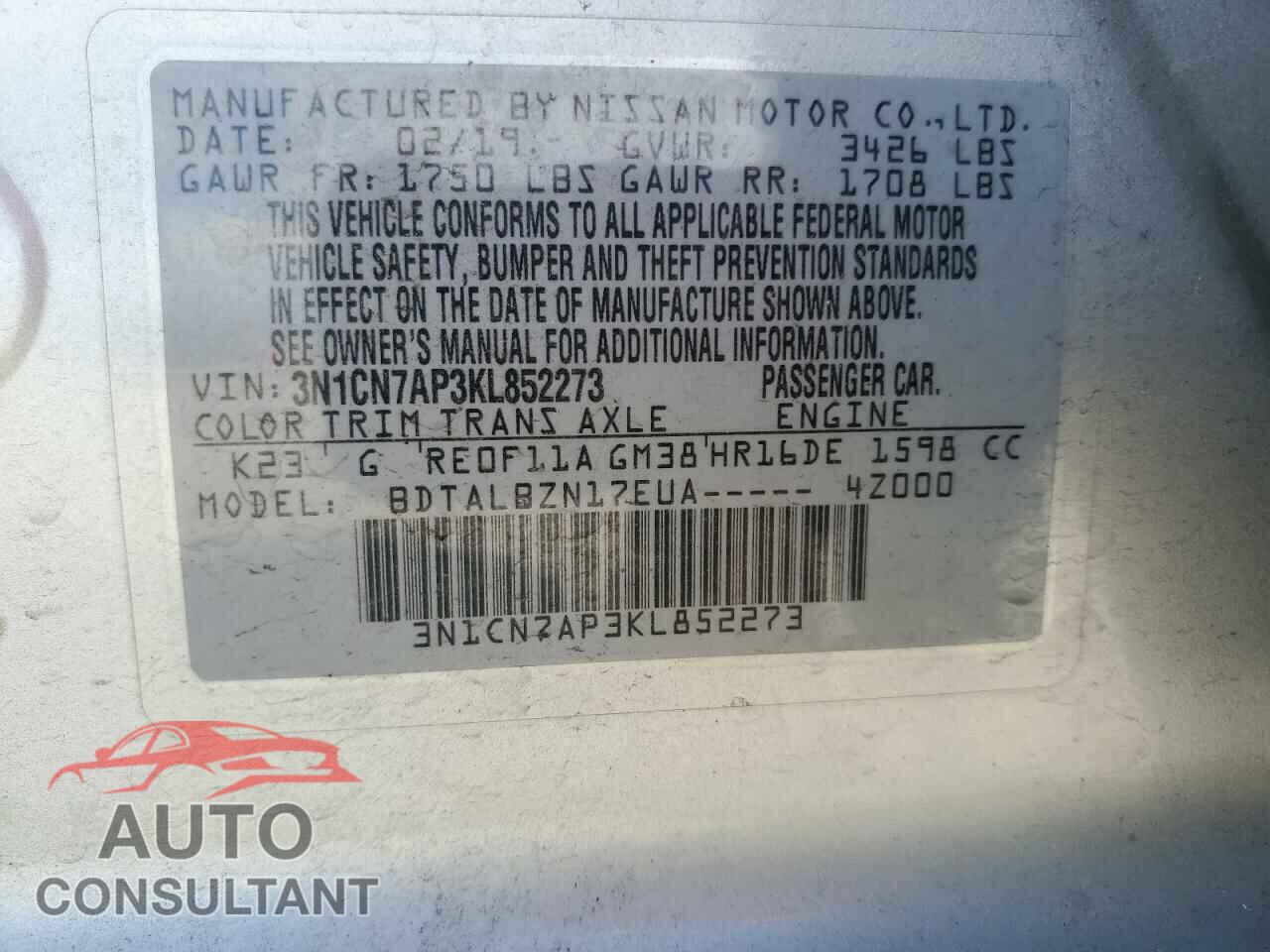 NISSAN VERSA 2019 - 3N1CN7AP3KL852273