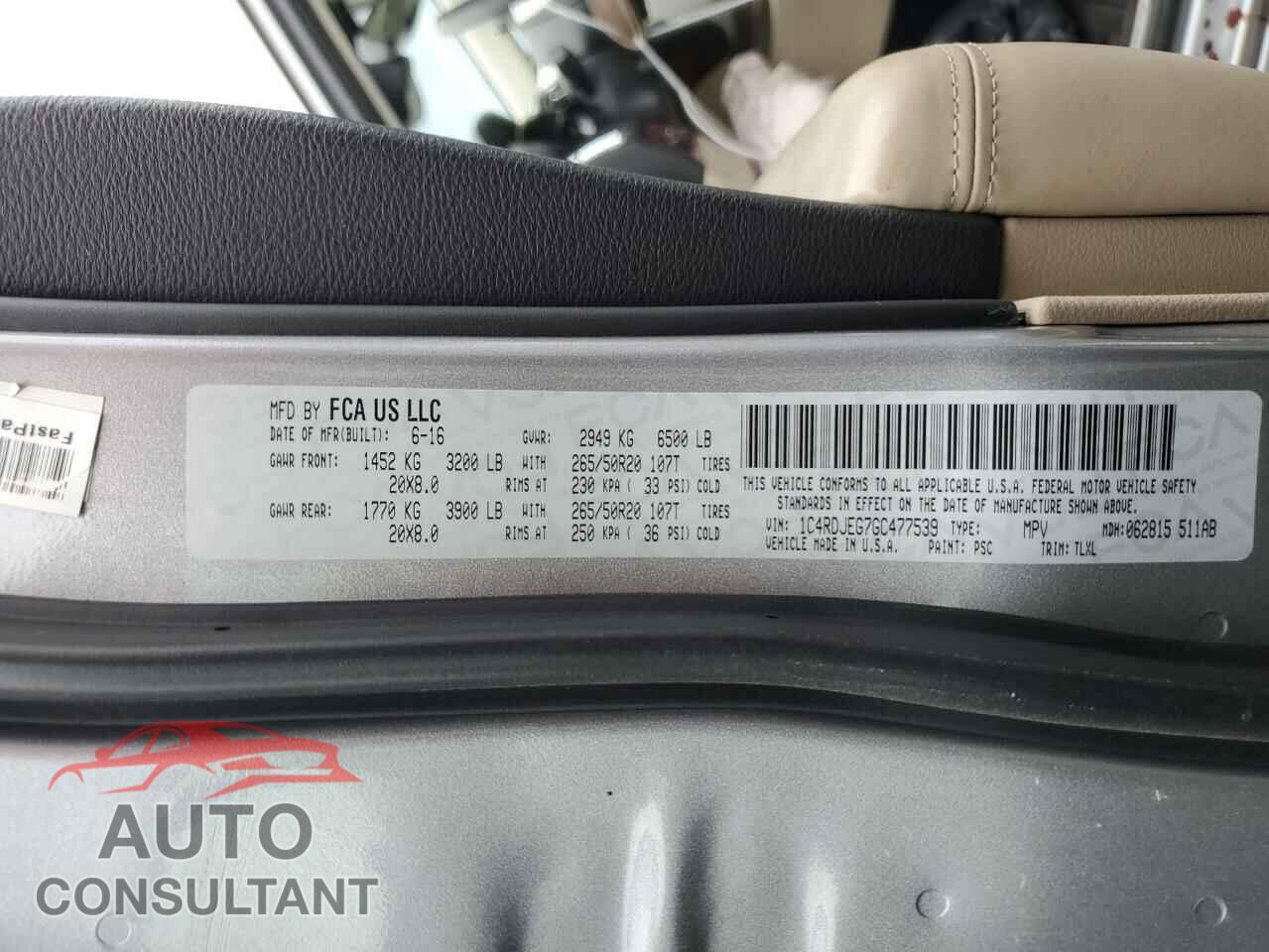 DODGE DURANGO 2016 - 1C4RDJEG7GC477539