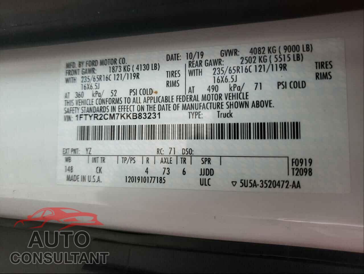 FORD TRANSIT CO 2019 - 1FTYR2CM7KKB83231