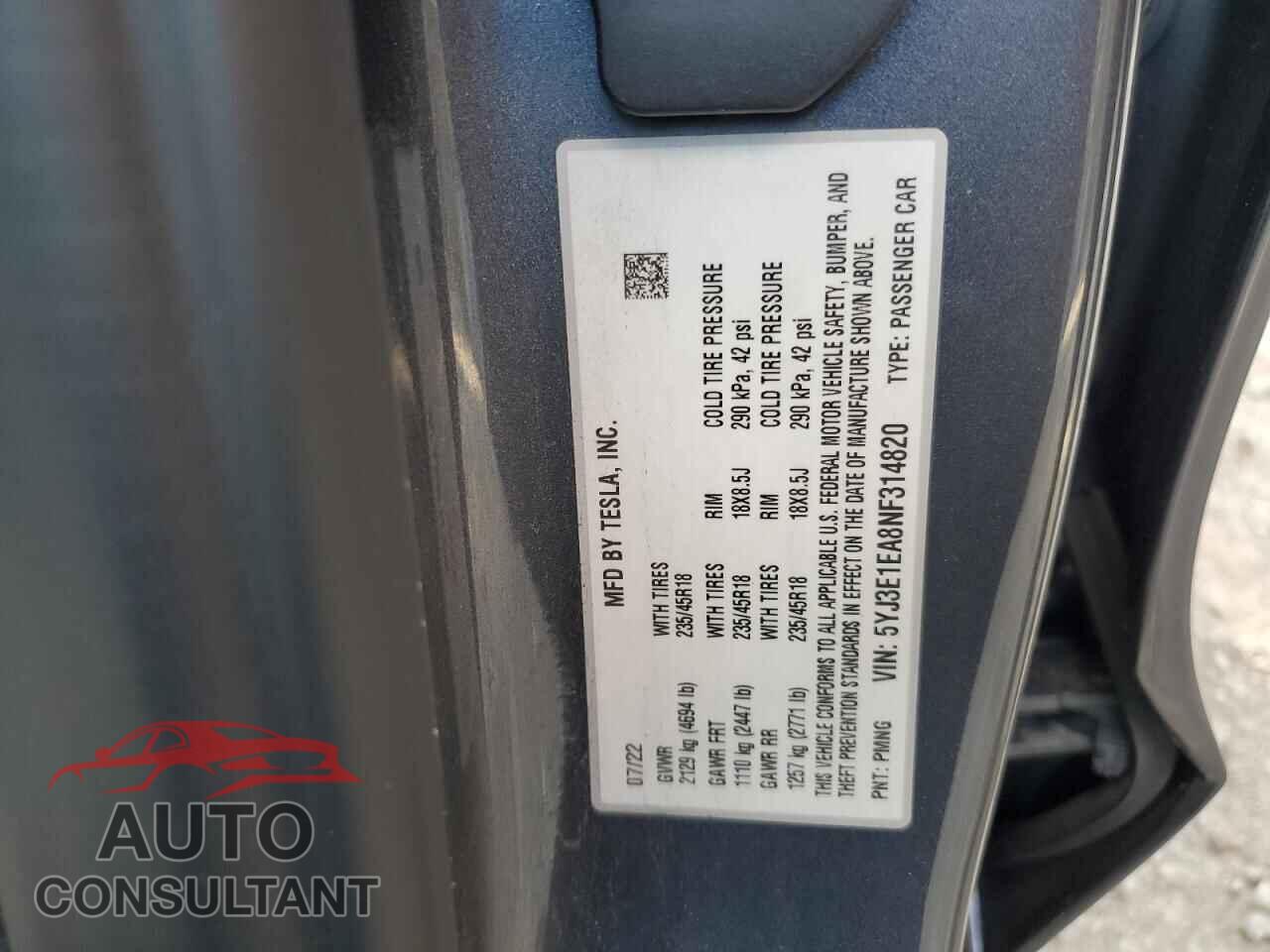 TESLA MODEL 3 2022 - 5YJ3E1EA8NF314820