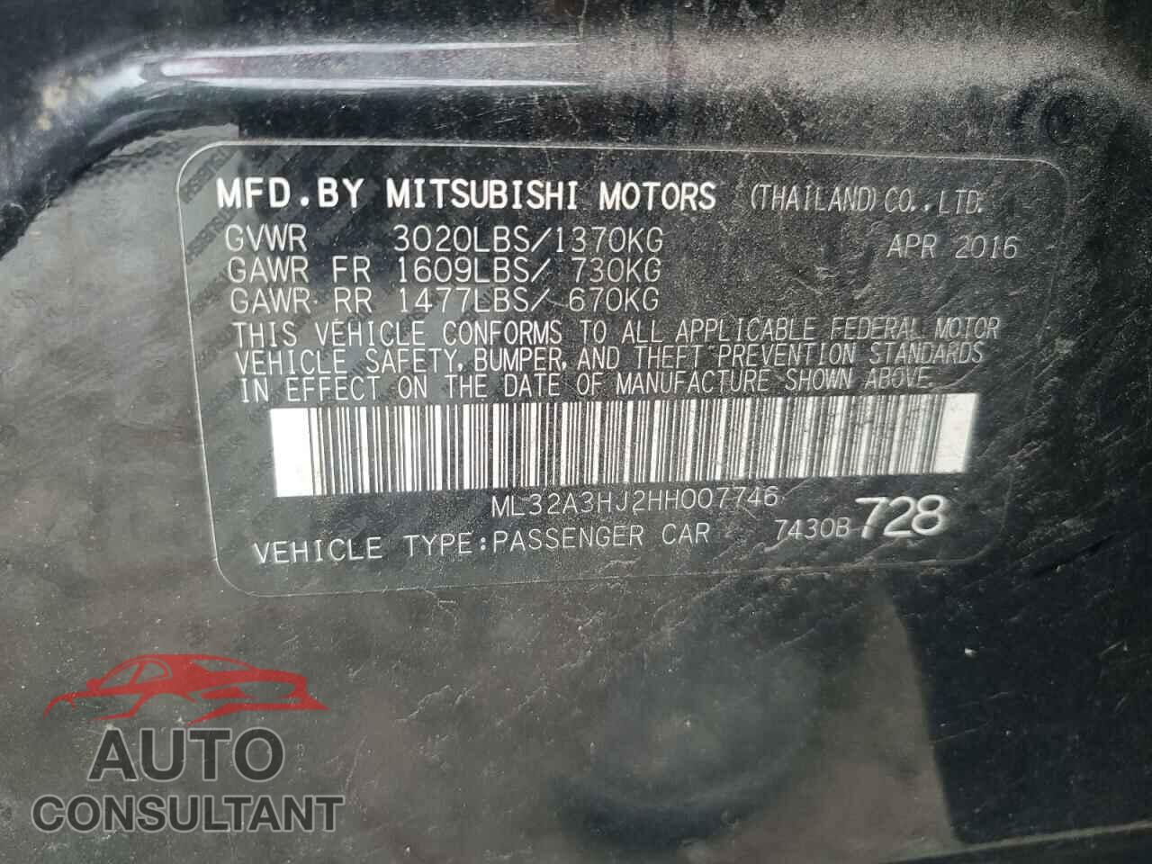 MITSUBISHI MIRAGE 2017 - ML32A3HJ2HH007746