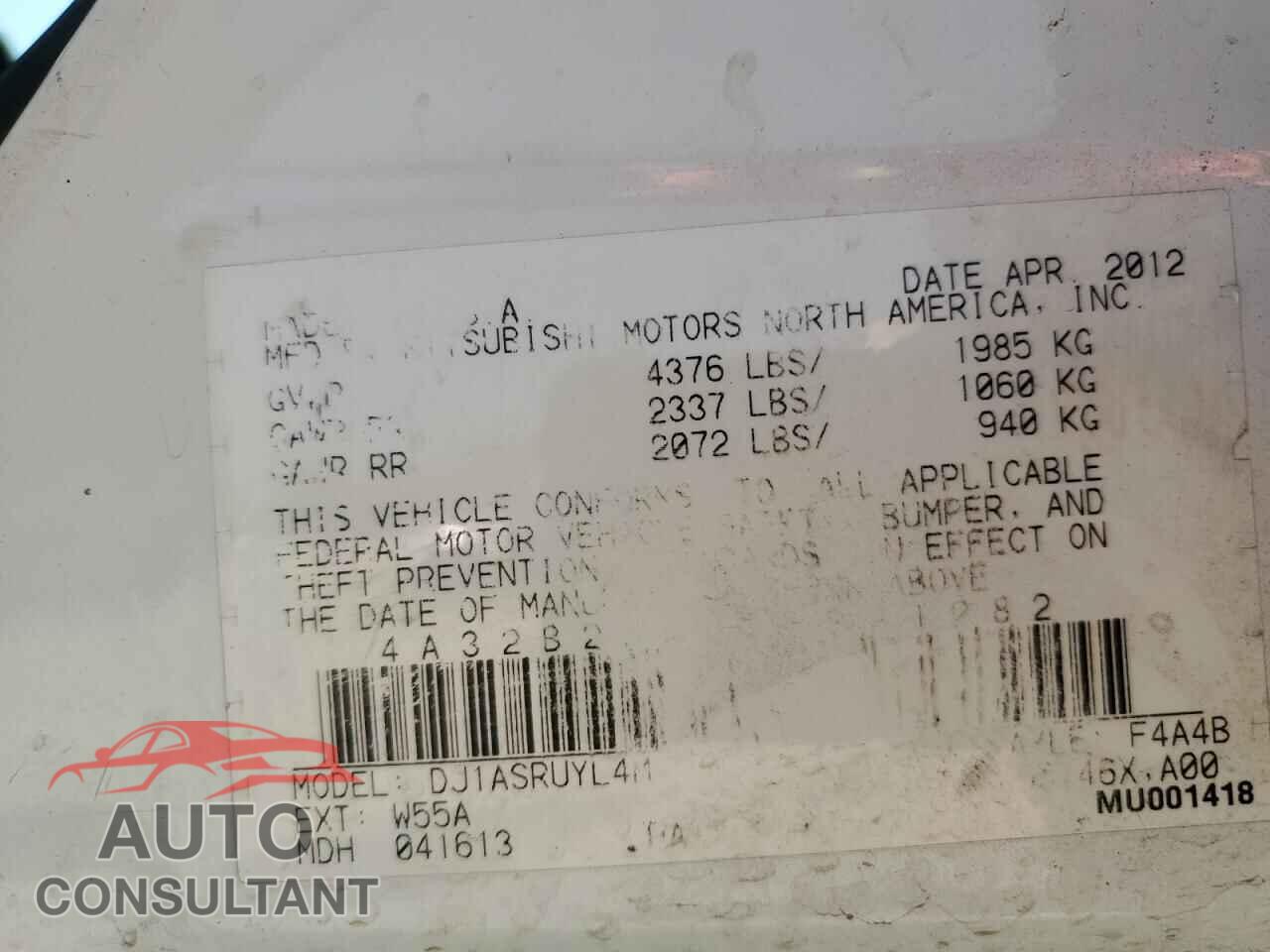 MITSUBISHI GALANT 2012 - 4A32B2FF9CE021282