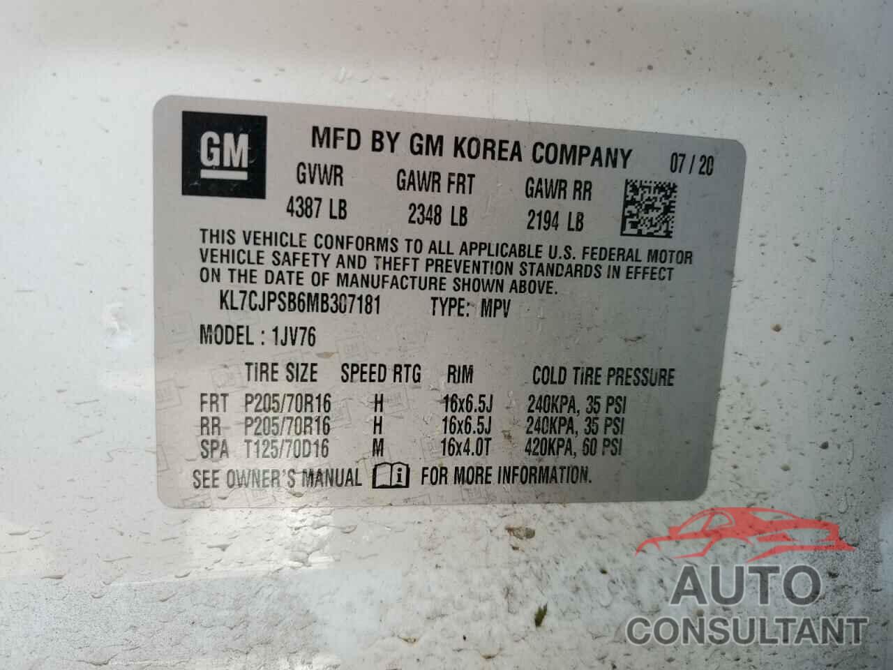 CHEVROLET TRAX 2021 - KL7CJPSB6MB307181