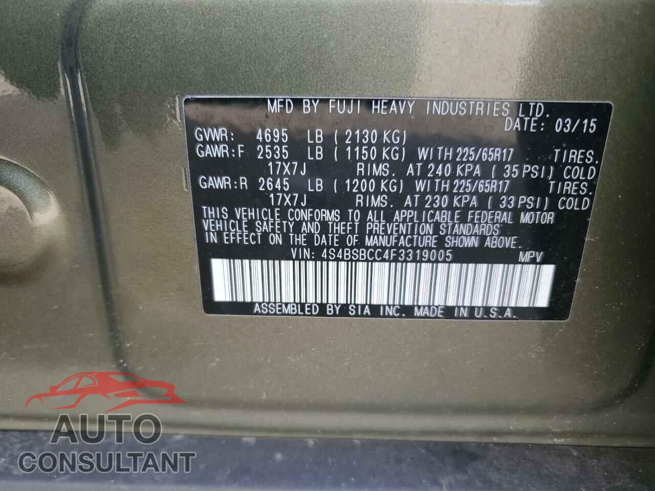 SUBARU OUTBACK 2015 - 4S4BSBCC4F3319005
