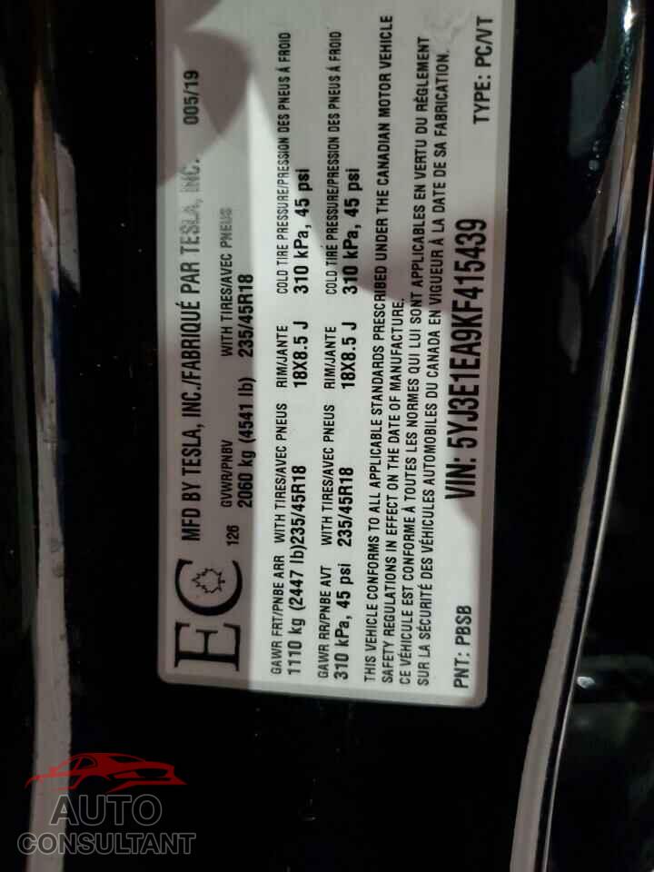 TESLA MODEL 3 2019 - 5YJ3E1EA9KF415439