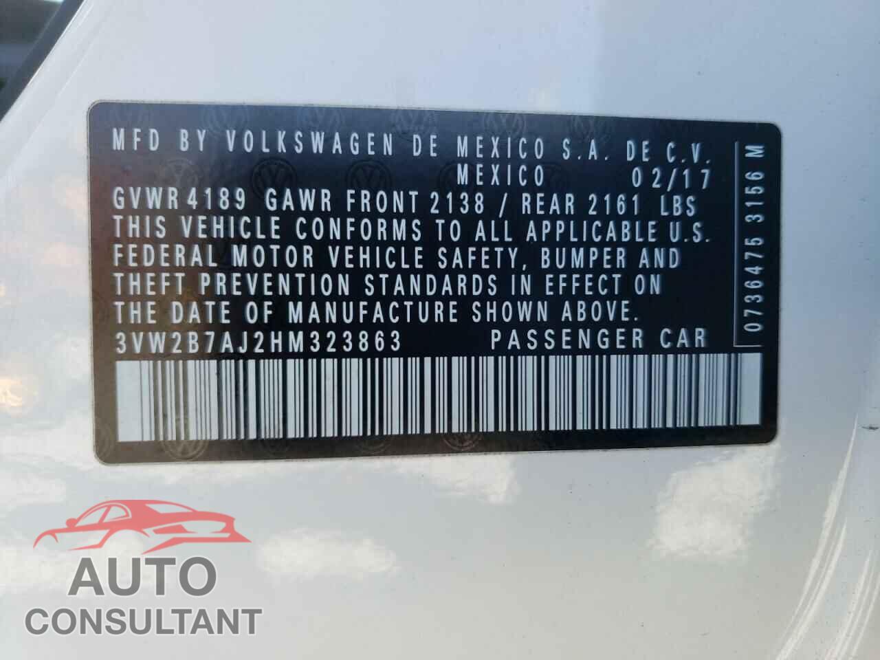 VOLKSWAGEN JETTA 2017 - 3VW2B7AJ2HM323863
