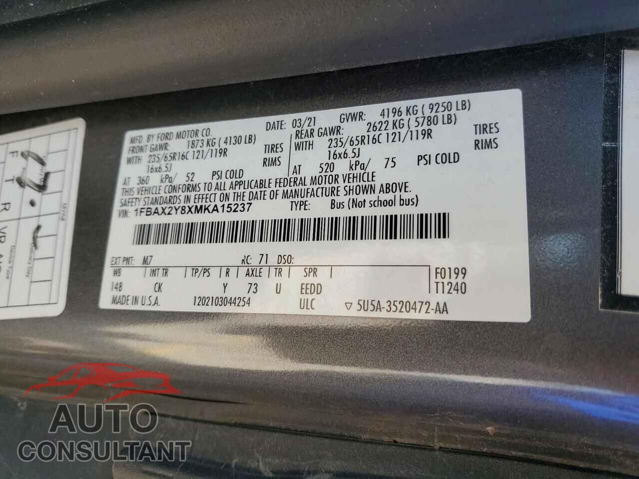 FORD TRANSIT 2021 - 1FBAX2Y8XMKA15237