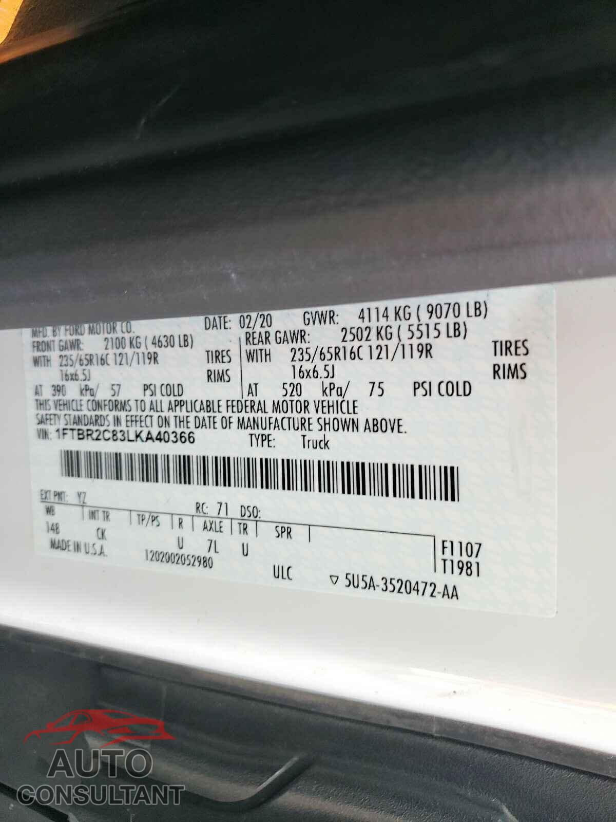 FORD TRANSIT CO 2020 - 1FTBR2C83LKA40366