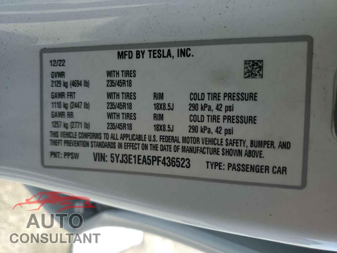 TESLA MODEL 3 2023 - 5YJ3E1EA5PF436523