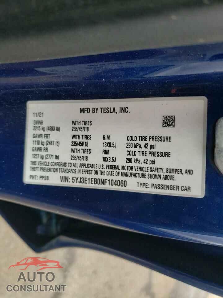 TESLA MODEL 3 2022 - 5YJ3E1EB0NF104060