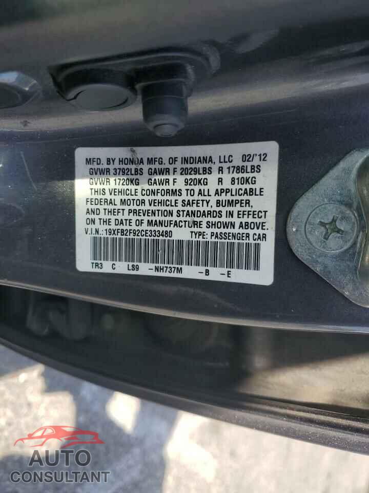 HONDA CIVIC 2012 - 19XFB2F92CE333480
