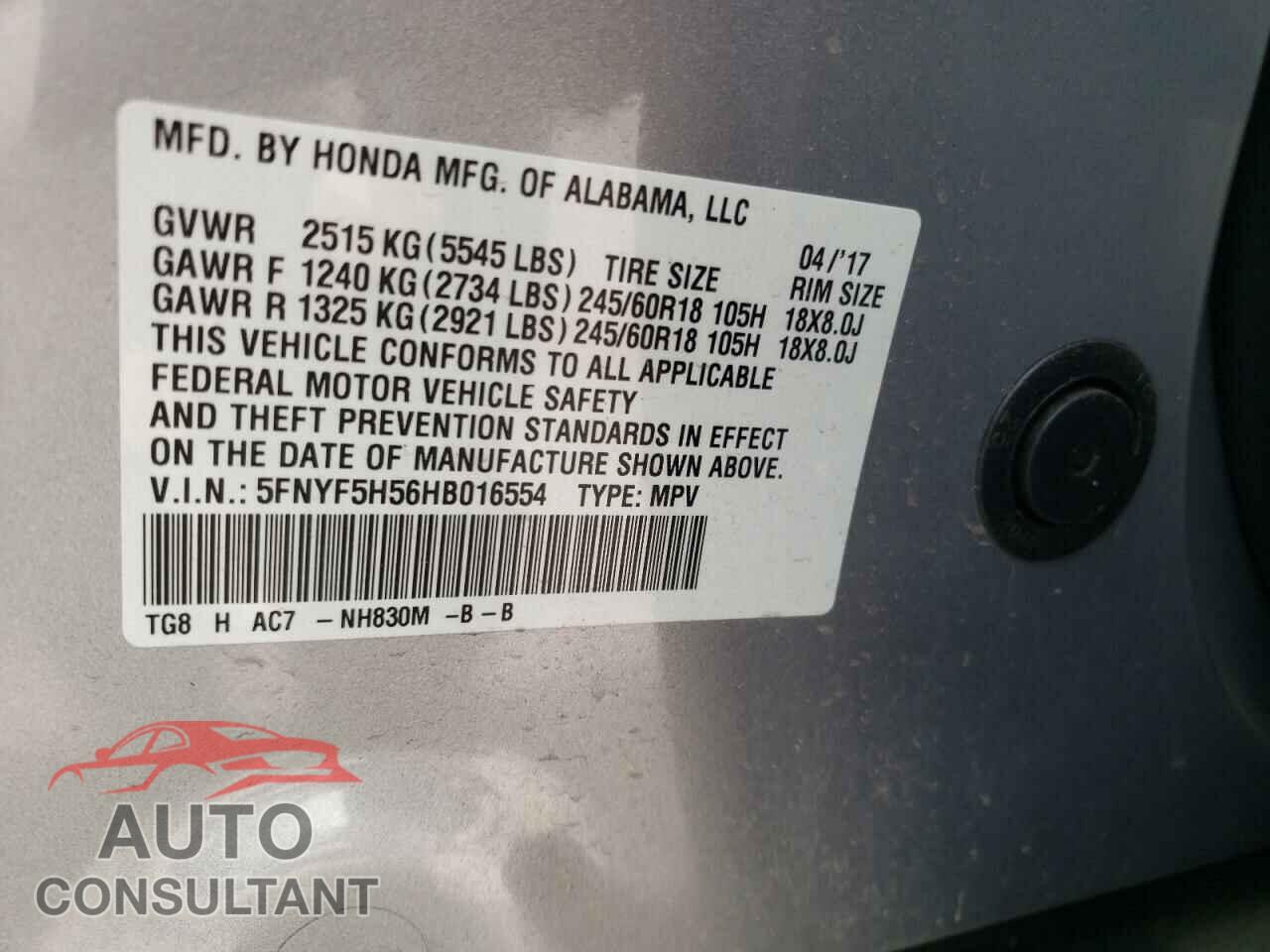 HONDA PILOT 2017 - 5FNYF5H56HB016554