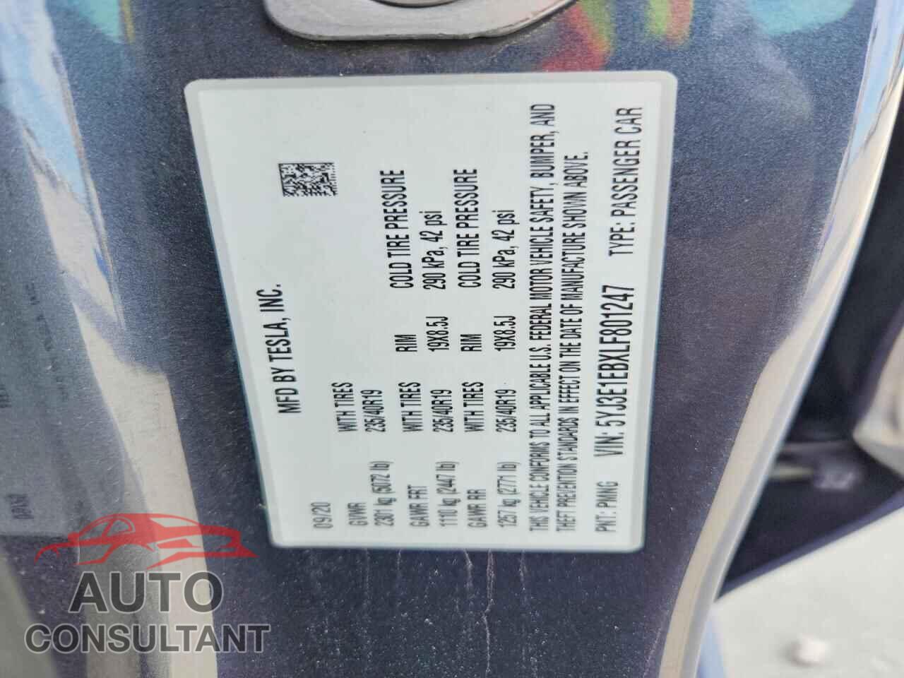 TESLA MODEL 3 2020 - 5YJ3E1EBXLF801247