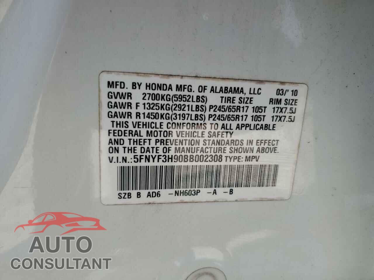 HONDA PILOT 2011 - 5FNYF3H90BB002308
