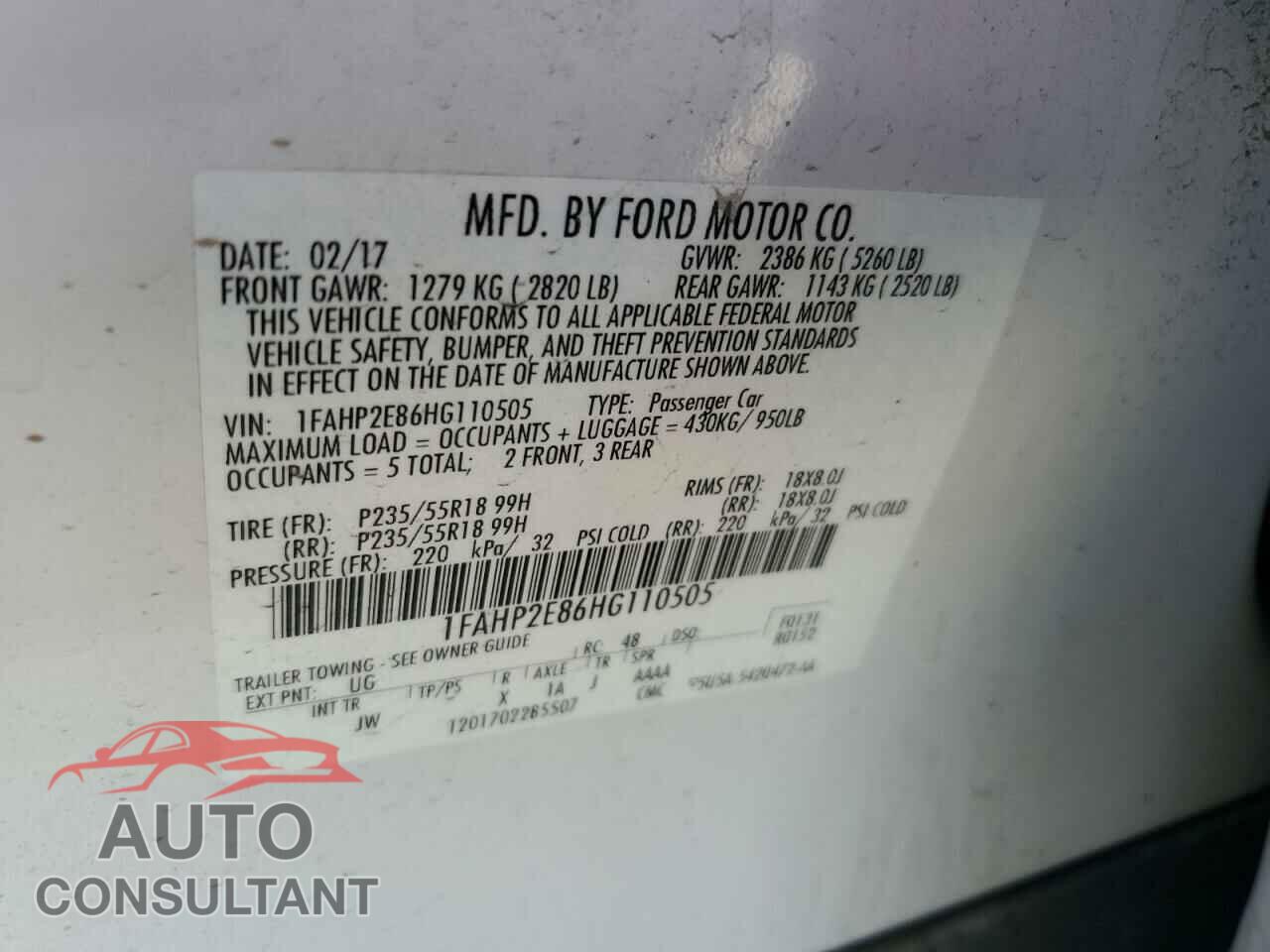 FORD TAURUS 2017 - 1FAHP2E86HG110505
