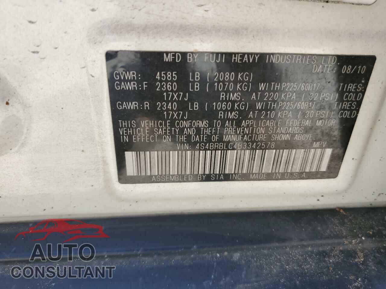 SUBARU OUTBACK 2011 - 4S4BRBLC4B3342578
