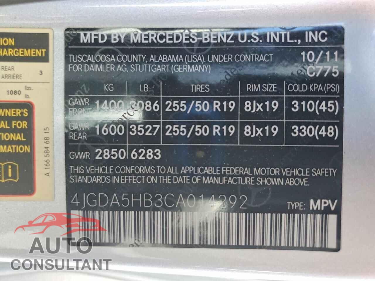 MERCEDES-BENZ M-CLASS 2012 - 4JGDA5HB3CA014292
