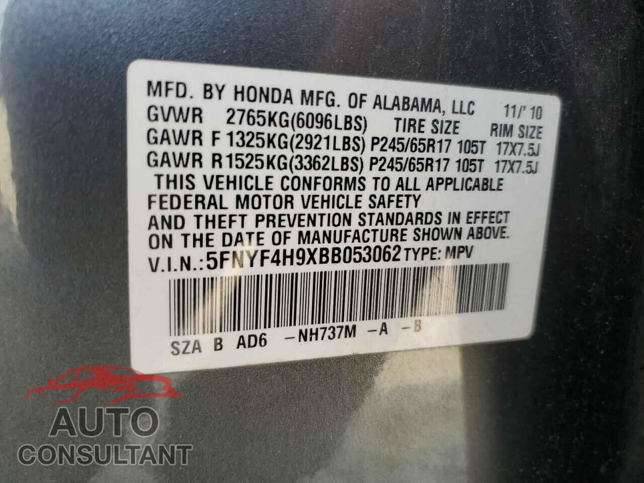 HONDA PILOT 2011 - 5FNYF4H9XBB053062