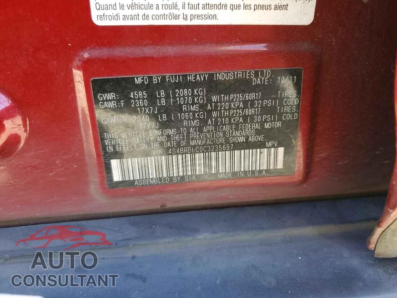SUBARU OUTBACK 2012 - 4S4BRBLC0C3235657