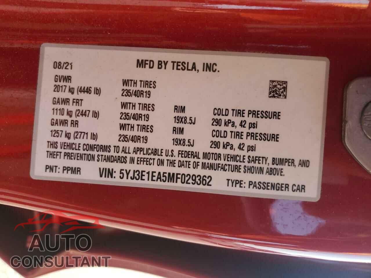 TESLA MODEL 3 2021 - 5YJ3E1EA5MF029362