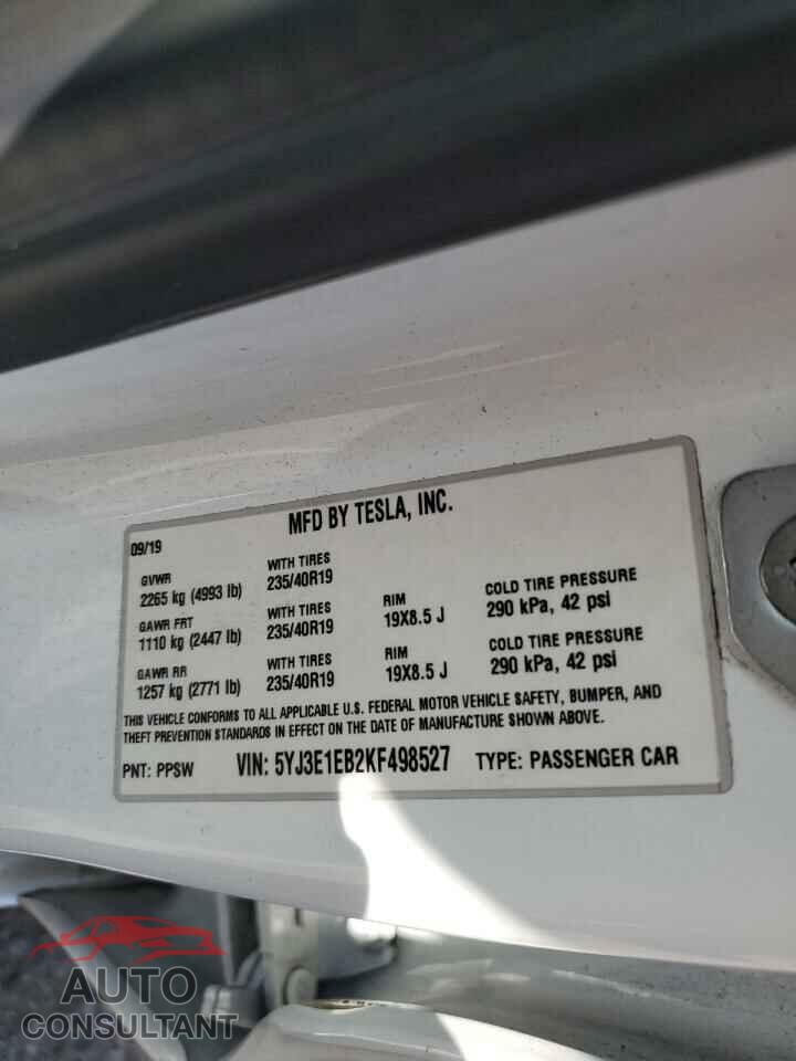 TESLA MODEL 3 2019 - 5YJ3E1EB2KF498527