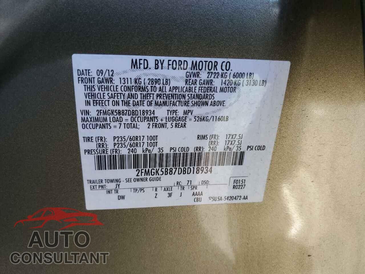 FORD FLEX 2013 - 2FMGK5B87DBD18934