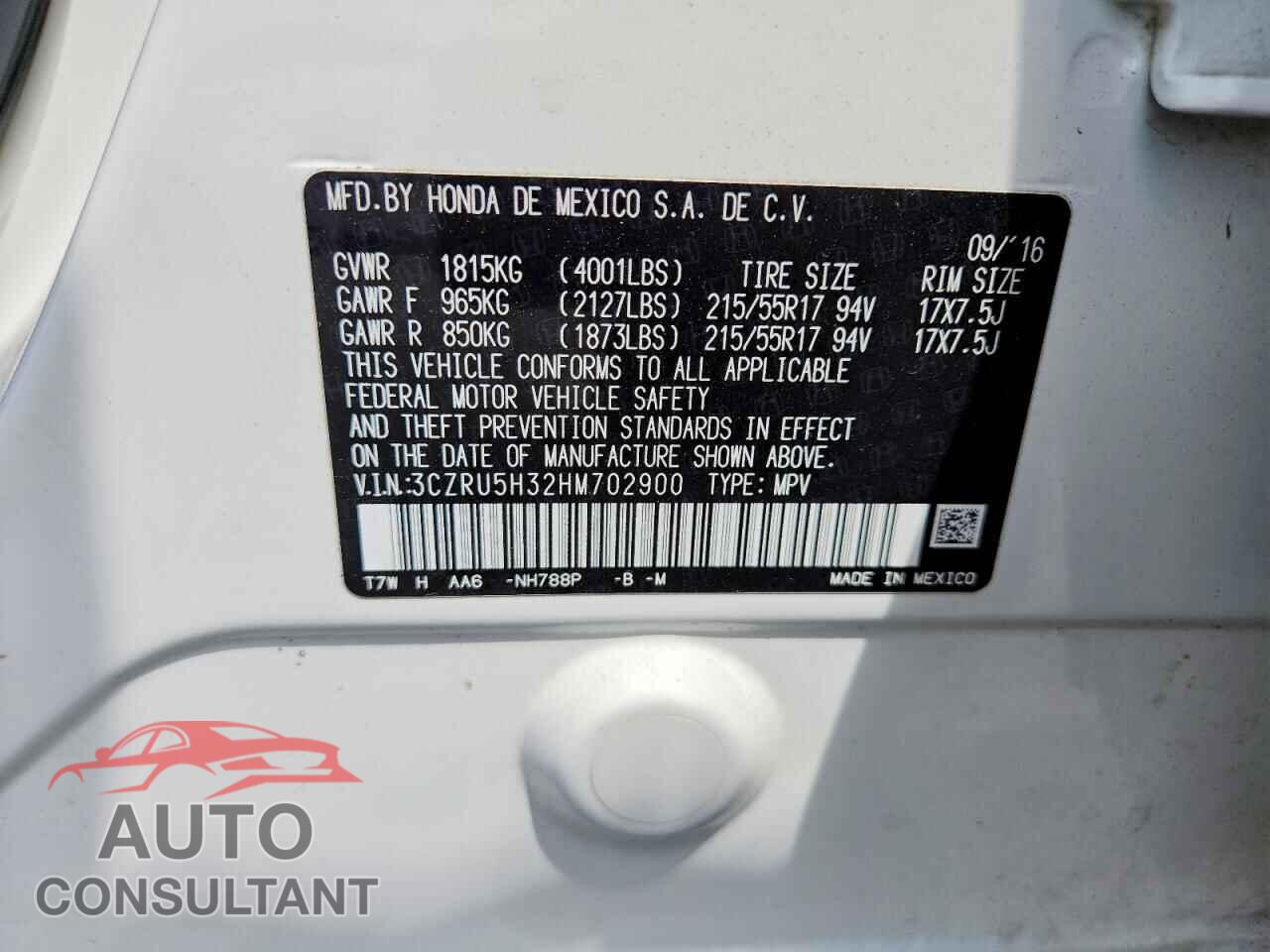 HONDA HR-V 2017 - 3CZRU5H32HM702900