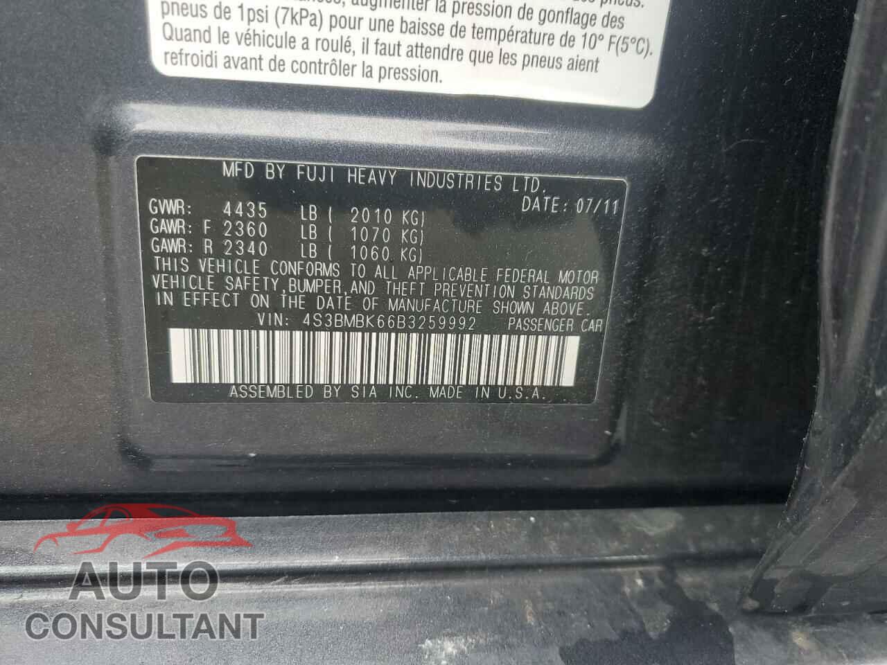 SUBARU LEGACY 2011 - 4S3BMBK66B3259992