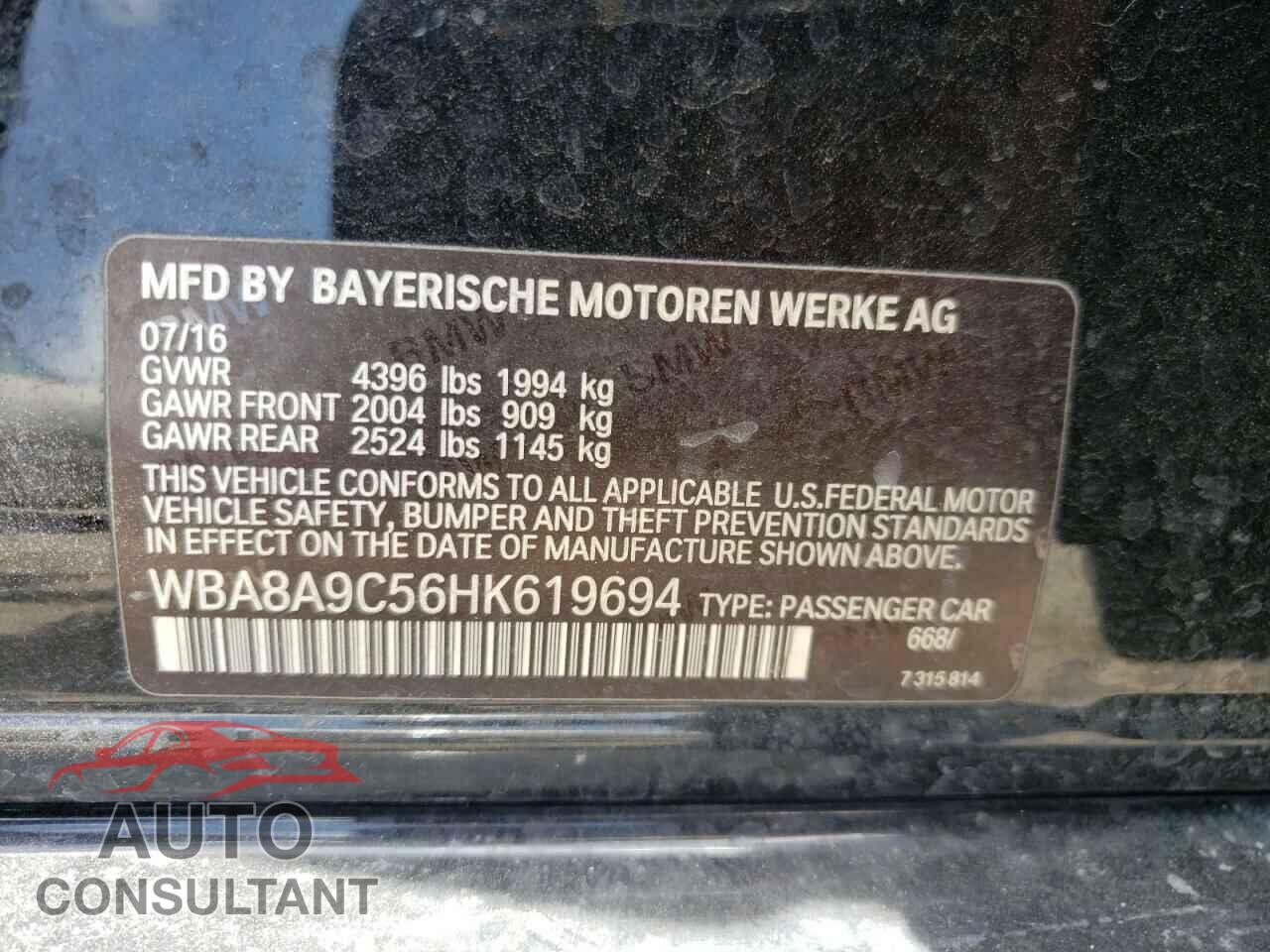 BMW 3 SERIES 2017 - WBA8A9C56HK619694