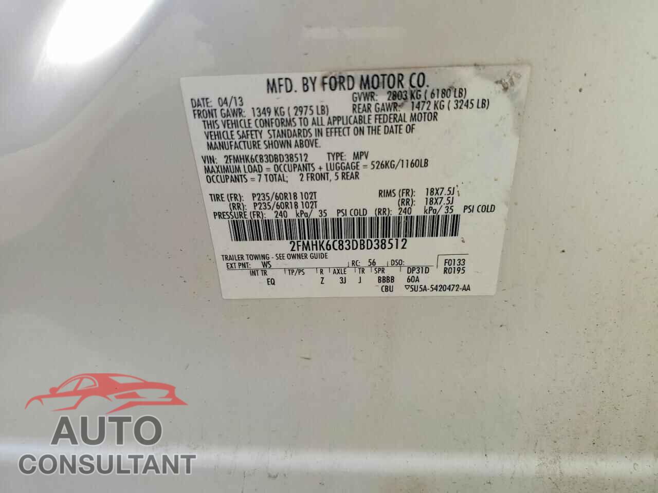 FORD FLEX 2013 - 2FMHK6C83DBD38512
