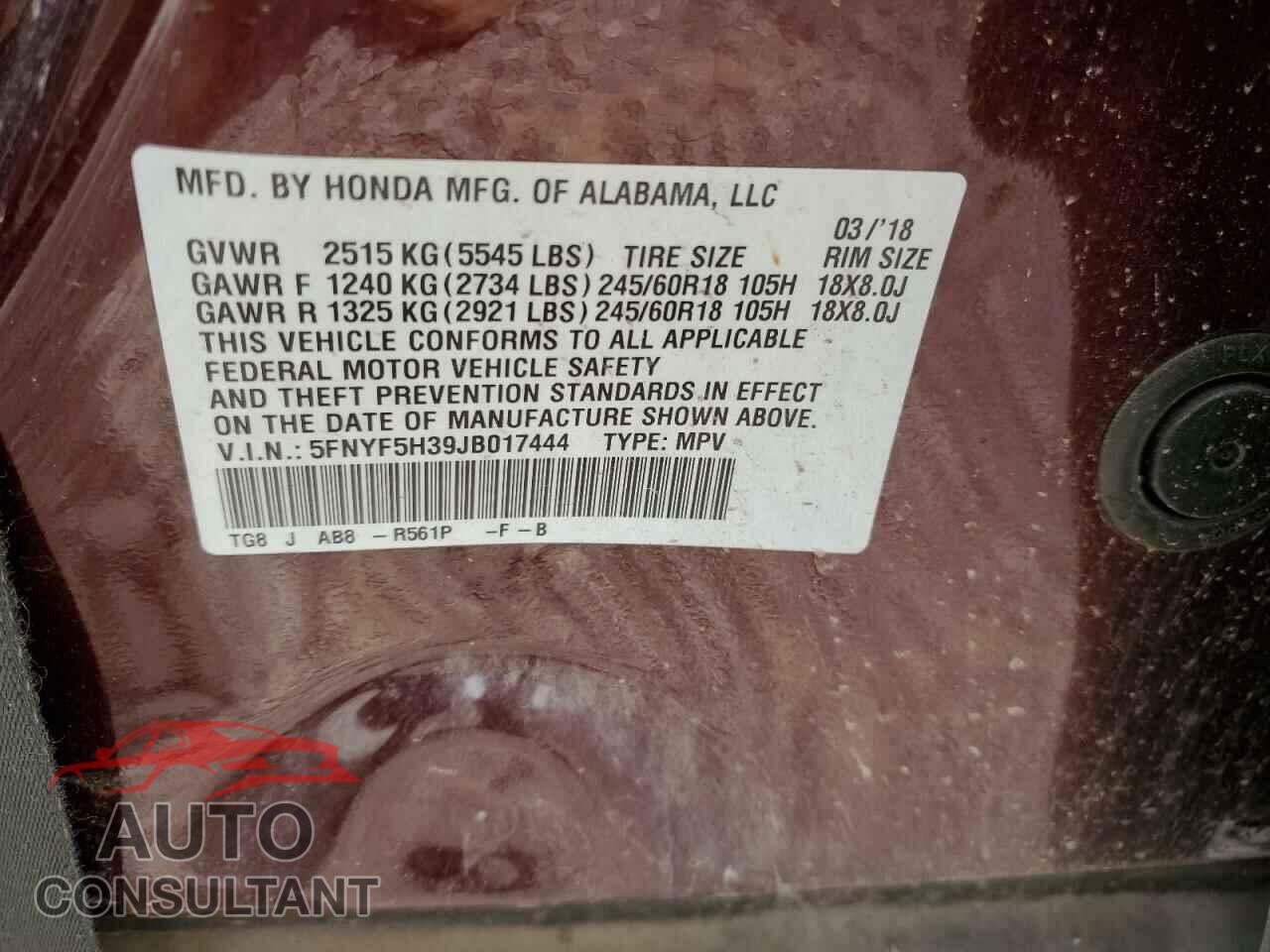 HONDA PILOT 2018 - 5FNYF5H39JB017444