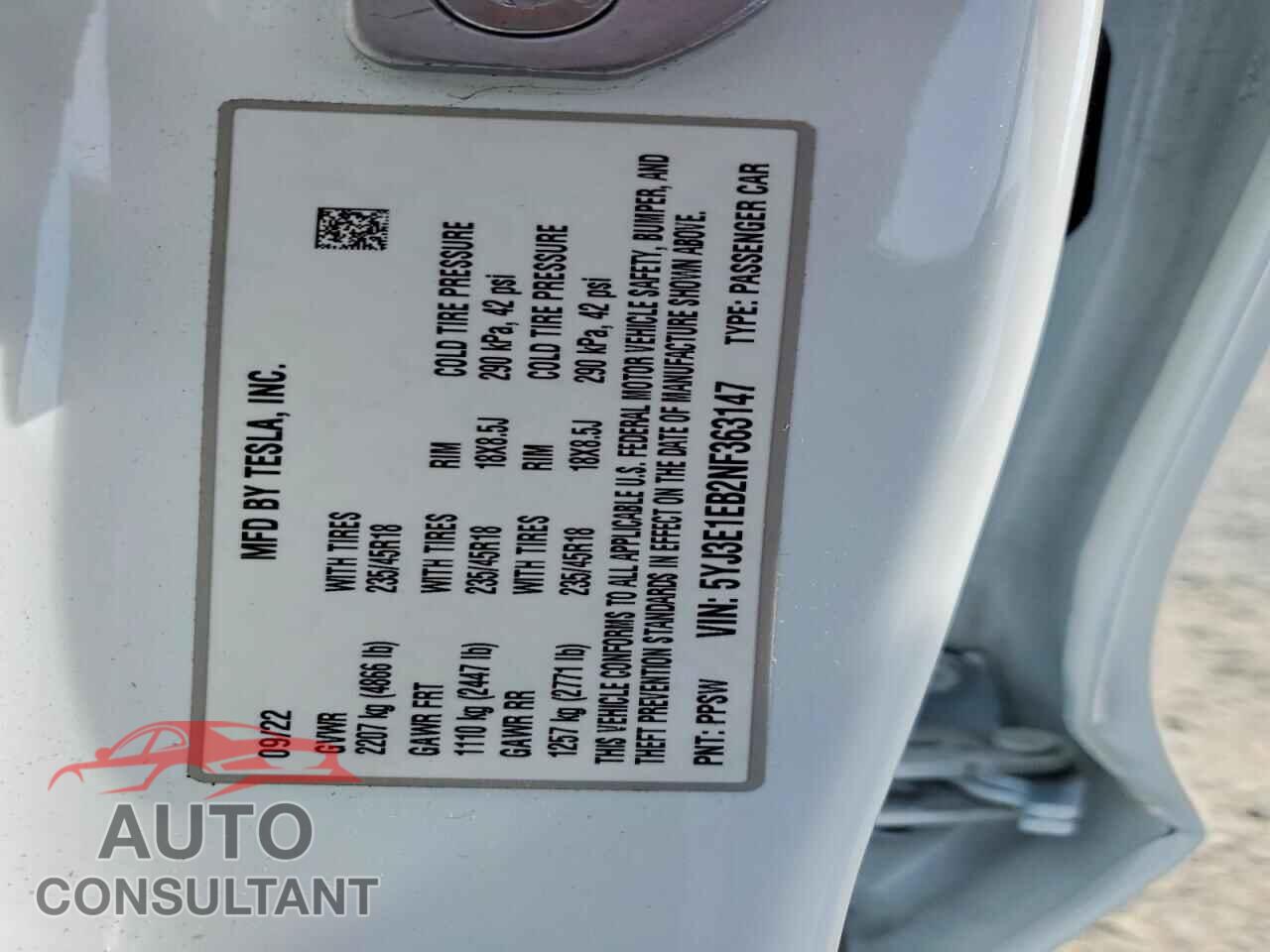 TESLA MODEL 3 2022 - 5YJ3E1EB2NF363147
